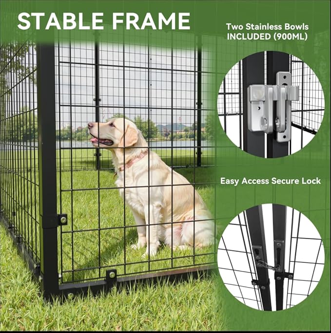 Large Dog Kennel with Roof, Outdoor Heavy Dog Cage for Big Dogs, 118x118x70.9 Galvanized Dog Fence Pen with Double Secure Locks，Weatherproof ，for Large Dogs