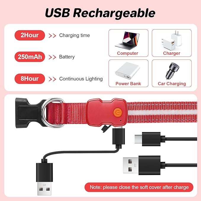 PcEoTllar Light Up Dog Collars, Led Dog Collar, Rechargeable, Night Walking, Waterproof, Glow in The Dark Dog Collars Light for Large Small Medium Dogs, Red l
