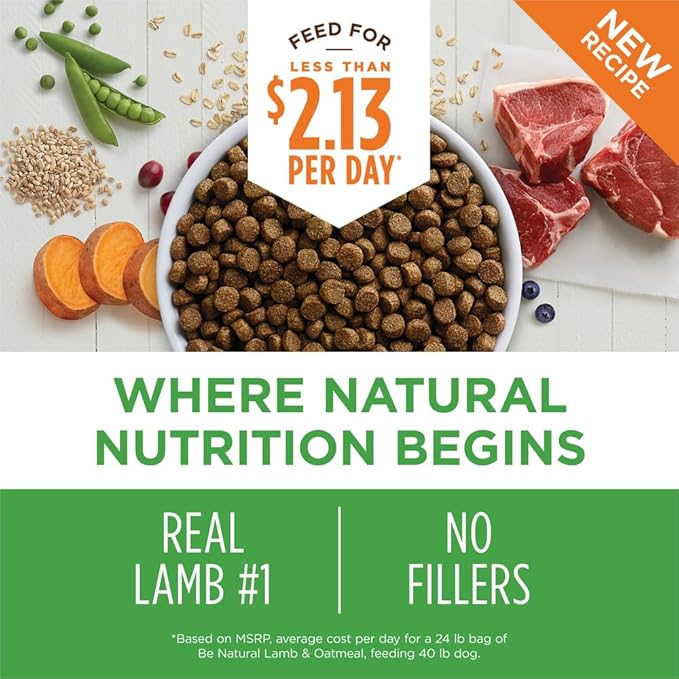 Instinct Be Natural, Natural Dry Dog Food, Raw Coated Kibble - Real Lamb & Oatmeal, 24 lb. Bag