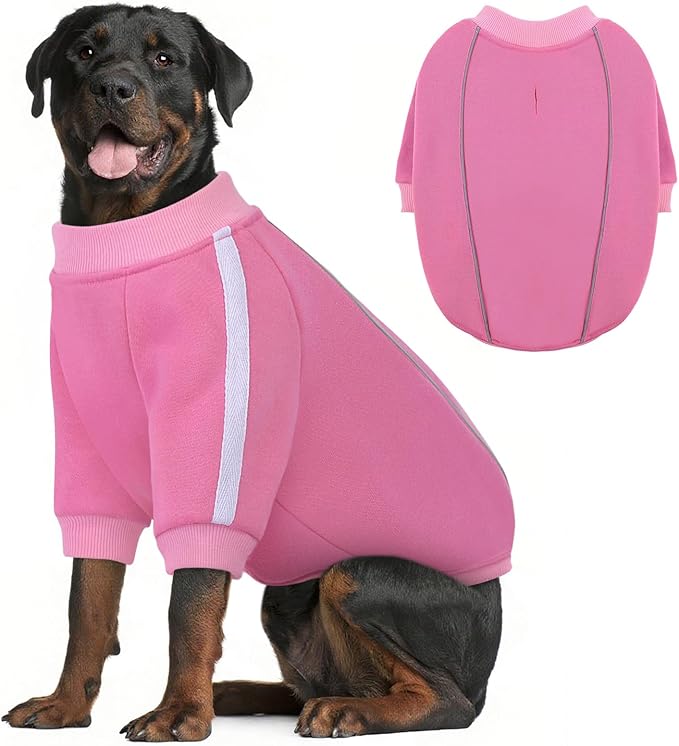 Queenmore Fleece Dog Sweater for Girl Dogs, Pullover Pink Dog Sweatshirt Sweatshirt with Leash Hole, Reflective Stripes – Cozy Winter Fleece Jacket for Small/Medium/Large Femal Puppy XL