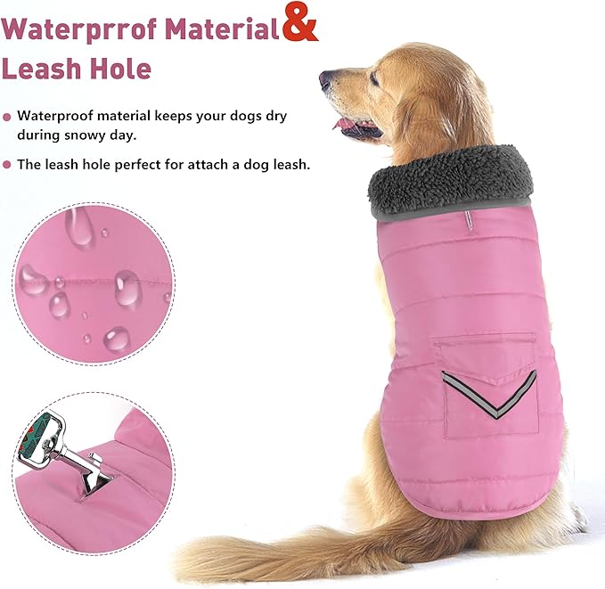 Dog Coat, Waterproof Dog Winter Jacket with Pocket, Reflective Adjustable Pet Snow Vest, Warm Cozy Fleece Sweater for Small Medium Extra Large Dogs - Light Pink, 2XL