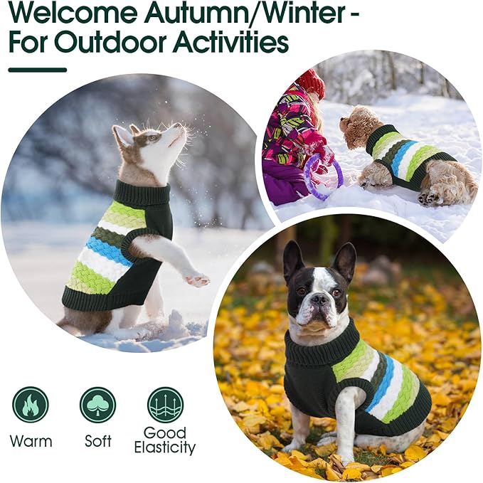 Kuoser Dog Sweater, Pet Cable Knitted Pullover Puppy Warm Clothes, Doggy Turtleneck Classic Knitwear Soft Thickening Doggie Outfit, Cold Weather Thermal Wear for Large Size Dogs, Green 2XL