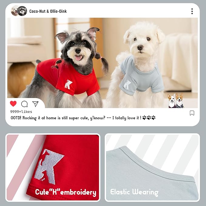 Koneseve Dog Shirt Soft Clothes Stretchy Tee for Medium Large Dogs 2-Pack Sunny Red & Smoky Blue 5XL