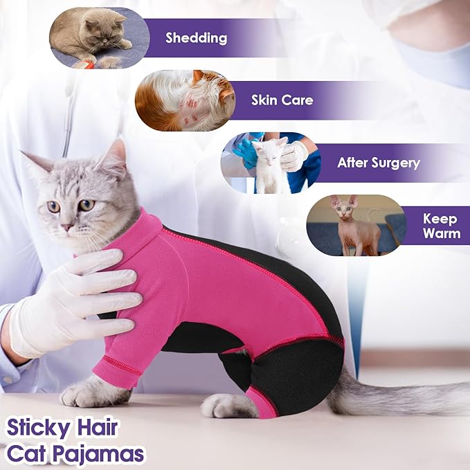 SUNFURA Hair Sticky Cat Clothes, Cat Sweater for Cats Only, 4-Legged Fleece Sweaters Kitten Pajamas Reduce Shedding Fur, Warm Pullover Shirts for Cats, Pink L
