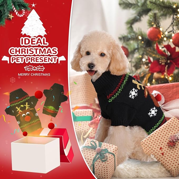 PETCARE Dog Christmas Sweater Black Ugly Funny Cute Cartoon Reindeer Cat Sweaters Jumper Holiday Dog Clothes Puppy Sweaters for Small Medium Large Dogs Fall Winter Outfits Xmas Dogs Costume,X-Small