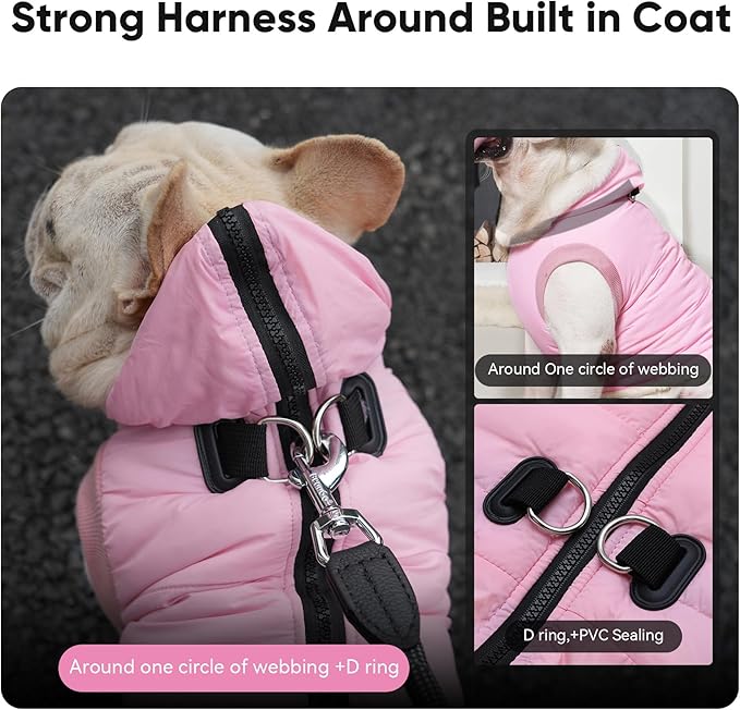 Fleece Lining Dog Hoodie with Harness Built in,Extra Warm Small Dog Jacket in Winter Puppy Coats with Hooded,Light Pink S