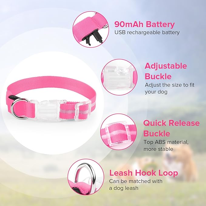 Light Up Dog Collar, Adjustable USB Rechargeable Glow in Dark Dog Collar ，Waterproof Dog Collars for Medium Dogs (Pink, Medium)