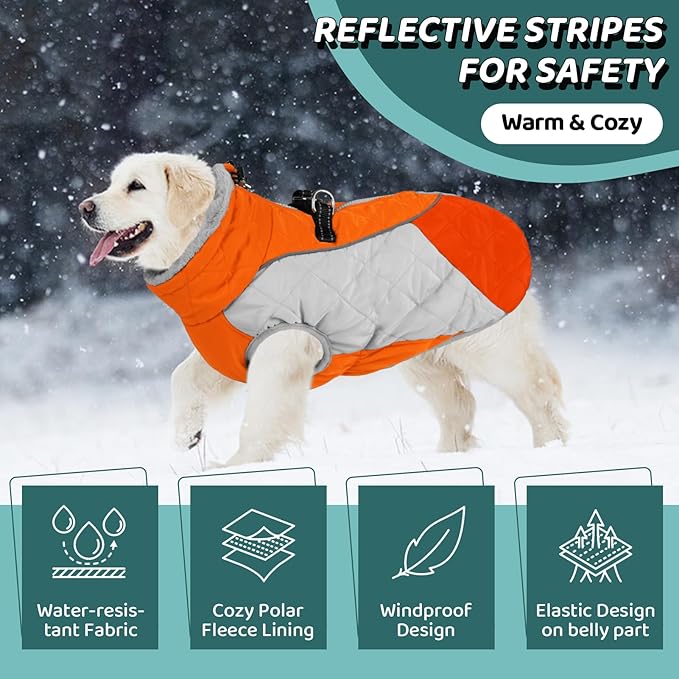 AOFITEE Dog Coat, Dog Winter Jacket, Reflective Dogs Jacket with Harness Built in and Fleece Lined, Waterproof Pet Winter Jacket Puffer Jacket for Small Medium Large Dogs, Orange XL