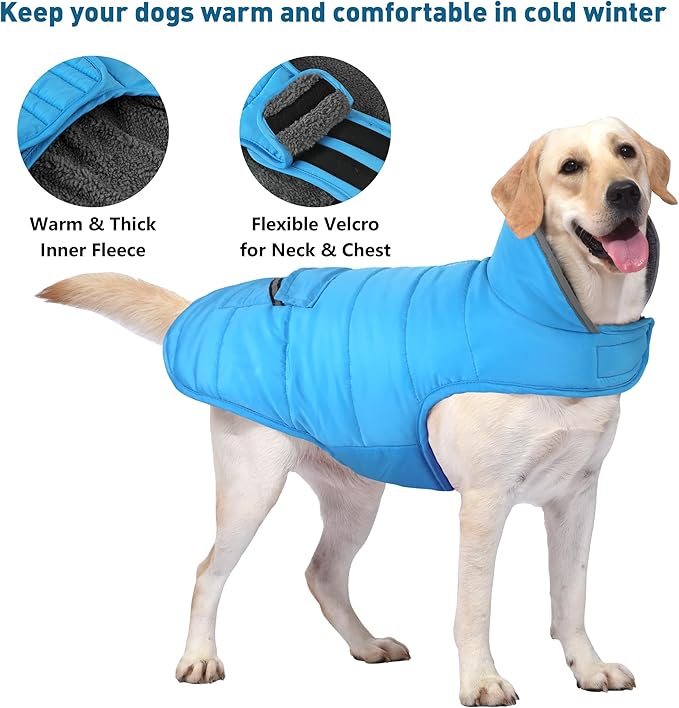 Dog Coat, Waterproof Dog Winter Jacket with Pocket, Reflective Adjustable Pet Snow Vest, Warm Cozy Fleece Sweater for Small Medium Extra Large Dogs - Sky Blue, 2XL