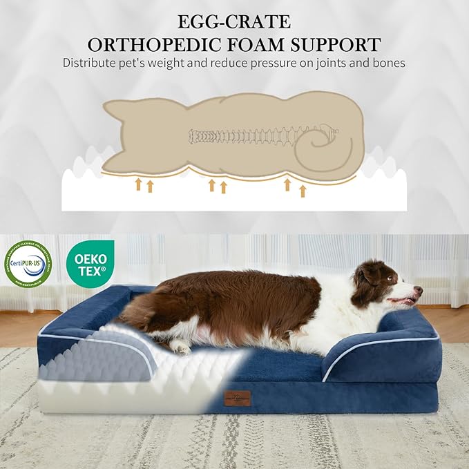Comfort Expression Orthopedic Dog Bed for Extra Large Dogs 45x35 Inch, Waterproof Egg Crate Foam XL Pet Bed with Removable Bolsters, Dog Couch with Washable Cover & Non-Slip Bottom, Navy Blue
