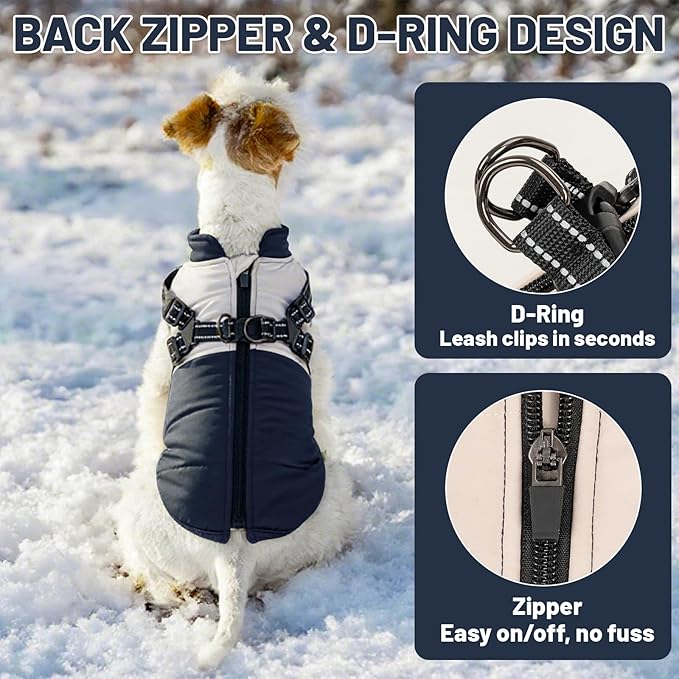 Dog Winter Coat for Small & Medium Dogs (Up to 31lb), Waterproof Dog Coat with Harness, Puppies Windproof Puppy Puffer Jacket, Snowsuit for Dachshund,Frenchie, Corgi (Classic Blue, Medium)