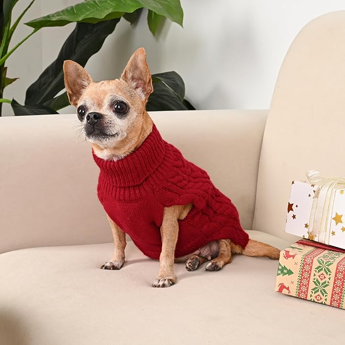 2 Pack Dog Sweaters for Small Dogs Turtleneck Pullover Cable Knit Puppy Stretch Clothes Chihuahua Yorkie Pomeranian Toy Poodle Boy Girl Pets Winter Doggie Clothes (XS, Pink & Red)