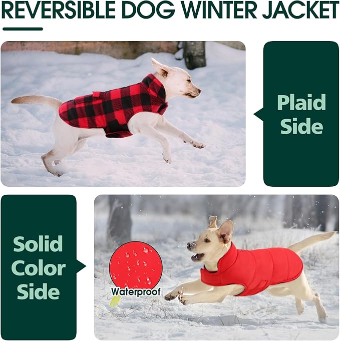 Kuoser Dog Winter Coat, Windproof Dog Fleece Jacket British Style Plaid Cold Weather Doggie Vest Coats, Reversible Cozy Warm Pet Clothes Apparel for Large Size Dogs XL