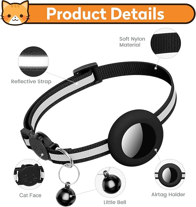 Airtag Cat Collar with Bell, Reflective Nylon Kitten Collar with Apple Air Tag Holder and Breakaway Safety Buckle for Puppy Girl Boy Cats, 3/8" in Width and Lightweight, Red