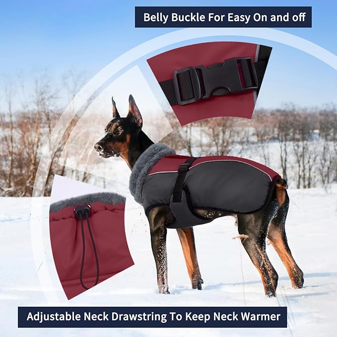 IECOii Dog Coats for Large Dogs Winter Waterproof, XXXL Dog Jacket with Adjustable Buckle,Thick Turtleneck Snow Jacket for Cold Weather, Pet Warm Fleece Vest for Doberman, Great Dane, Burgundy, 3XL