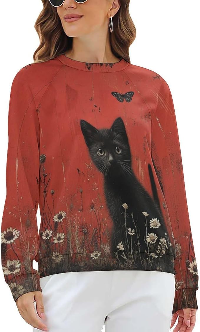 Long Sleeve Shirts for Women Cat Oil Painting Shirt 3D Graphic Sweatshirts Fall Pullover Crewneck Vintage Boho Tops