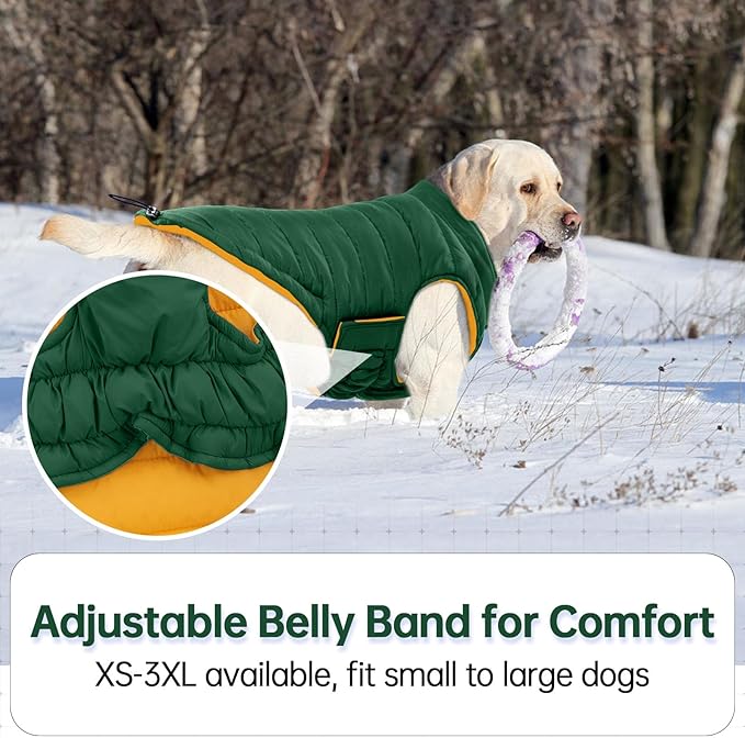 Lelepet Reversible Dog Coat Waterproof Dog Jacket Windproof Puffer Vest for Winter Warm Lightweight Coats for Small Dogs Adjustbale Hook & Loop Pet Apparel with Leash Hole, Pug, Green, M