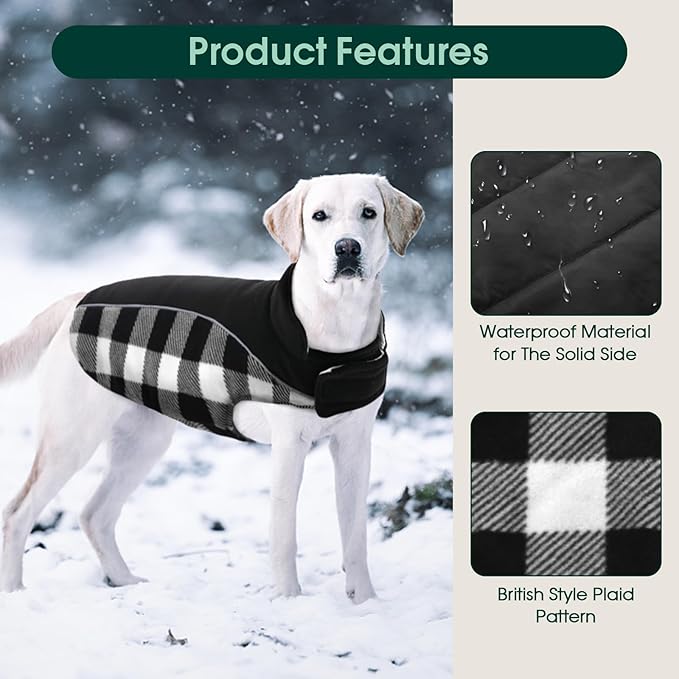 Kuoser Dog Winter Coat, Reversible Waterproof Dog Jacket with Leash Hole, Warm Dogs Fleece Vest Adjustable Doggy Cold Weather Clothes Plaid Christmas Outfit Pet Apparel for Extra Large Dogs, Black 3XL
