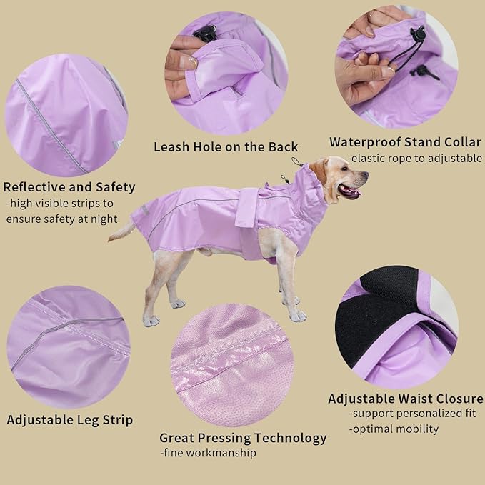 Adjustable Waterproof Dog Raincoat for Dogs,Lightweight Pet Rain Jacket Puppy Clothes with Reflective Strip for Small Medium Large Dogs (Light Purple, Medium)