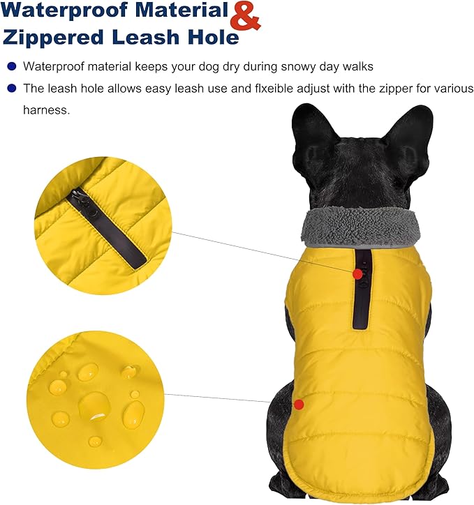 Dog Winter Coat, Waterproof Dog Jacket with Leash Hole, Reflective Adjustable Pet Snow Vest, Warm Fleece Sweater for Small Medium Large Dogs - Yellow, M