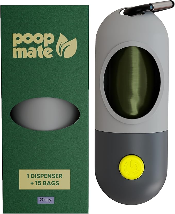 Dog Poop Bag Holder with Flashlight - Waste Bag Dispenser for Night Walks - Durable, Portable with Leash Clip & Carabiner - Includes 15 Dog Poop Bags - Gray