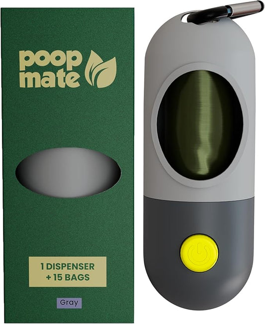 Dog Poop Bag Holder with Flashlight - Waste Bag Dispenser for Night Walks - Durable, Portable with Leash Clip & Carabiner - Includes 15 Dog Poop Bags - Gray
