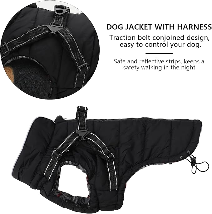 Geyecete Winter Warm Coat Waterproof Dog Winter Jacket with Harness Traction Belt,Pet Outdoor Jacket Dog Autumn and Winter Clothes for Medium, Small Dog-Black-XS