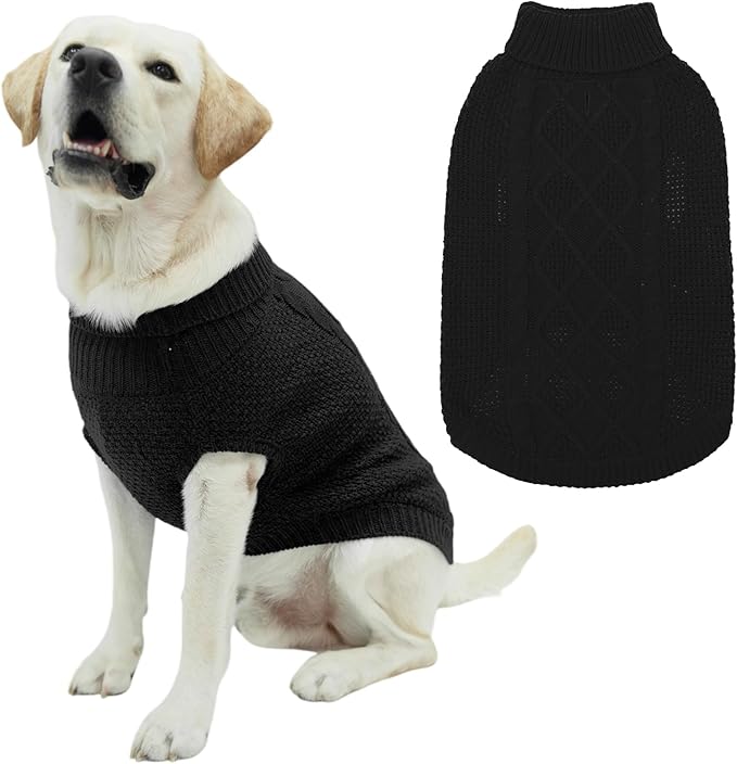 Mihachi Turtleneck Dog Sweater - Winter Coat Apparel Classic Cable Knit Clothes with Leash Hole for Cold Weather, Ideal Gift for Pet in New Year Black Large
