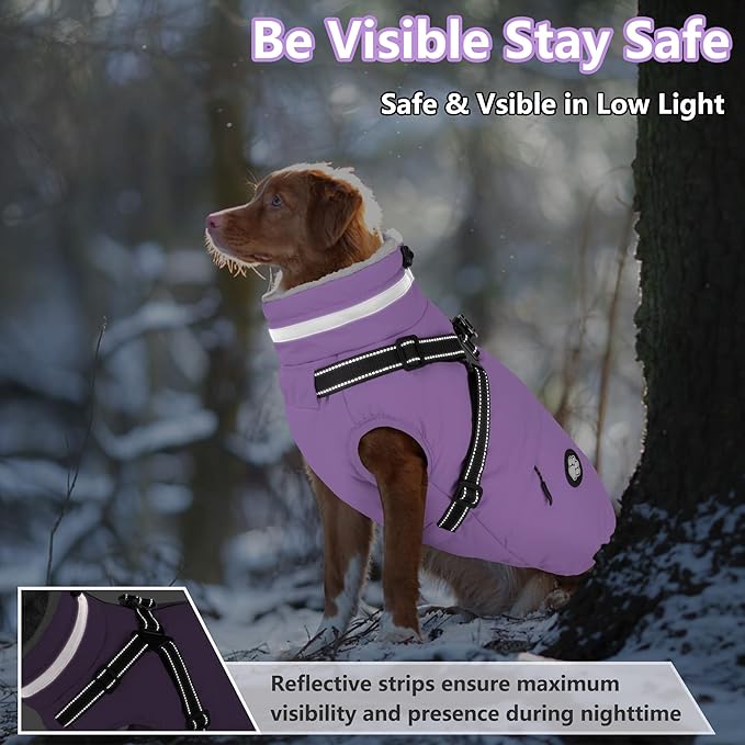Dogcheer Dog Coat with Harness, Waterproof Dog Jacket, Reflective Puppy Winter Jacket with Pocket, Doggy Turtleneck Fleece Vest for Small Medium Large Dogs - Taro Purple, S