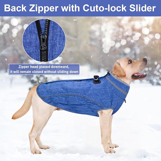 Malier Dog Coat, Reflective Dog Jacket Waterproof Windproof Puppy Cold Weather Coats with Harness Built in, Winter Extra Warm Pet Coat Fleece Vest for Small Large Pets and Puppy (Blue, Large)