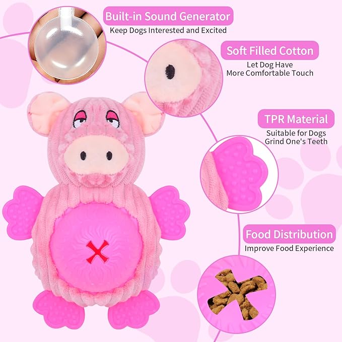 Interactive Dog Toys, Plush Dog Toy with Treat Dispensing Ball, Squeaky Dog Toy with Cute Plastic Paws for Playing,Slow Eat Hiding Food Enrichment Toy for Small & Medium Breeds(Pink)