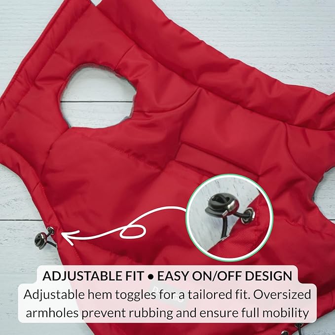 DJANGO Reversible Puffer Dog Coat – Warm Winter Dog Jacket & Water-Repellent Insulated Dog Coat with Harness Hole, Windproof, Adjustable Fit for Small & Medium Dogs, Dachshunds – Lava Red, Medium