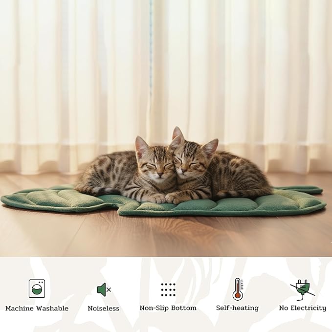 NWK Green Leaf Shaped Self Warming Cat Bed Mat, Thermal Dog Mat Cat Pad, Washable, Non-Slip Bottom for Sofa & Crate & Kennel & Car Seat (Green Leaf, Large (30'' X 19''))