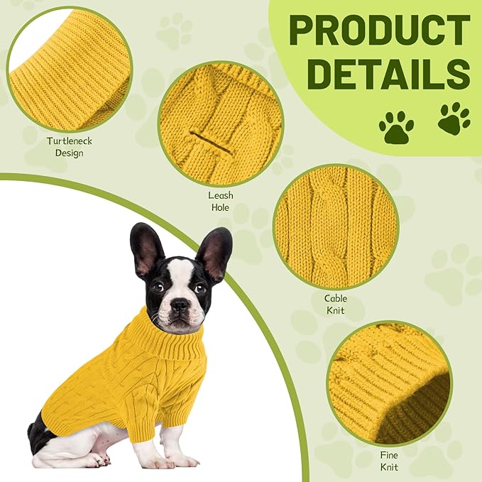 Small Dog Thermal Pullover Sweater, Classic Turtleneck Cable Knitwear Dog Clothes for Cold Weather Warm Pet Clothes for Chihuahua, Bulldog, Dachshund, Pug Yellow X-Large