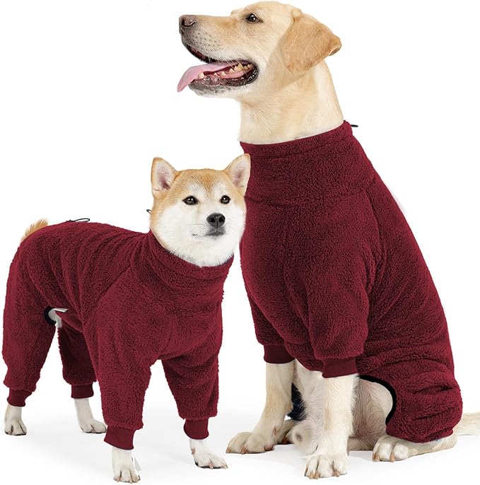 Dog Winter Coat, Warm Fleece Dog Jacket, Windproof Pullover Jumpsuit, Full Body Pajamas Onesie, Cold Weather Clothes for Medium Large Dog(Mediuml,Red)