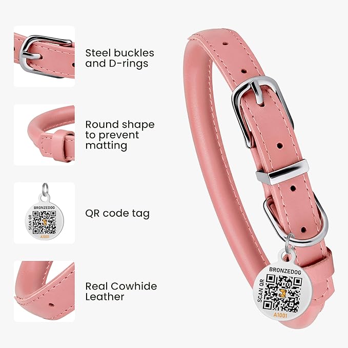 BRONZEDOG Rolled Leather Dog Collar for Small Medium Large Dogs with QR ID Tag (M: 14-16 Inch, Powder Pink)
