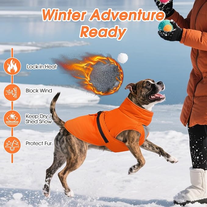 XL Dog Coat, Warm Dog Winter Jacket, Waterproof Dogs Snowsuit with Foldable High Collar, Reflective Strips, Leash Hole, and Adjustable Hook & Loop Closure - Ideal for Cold Weather - Orange XL