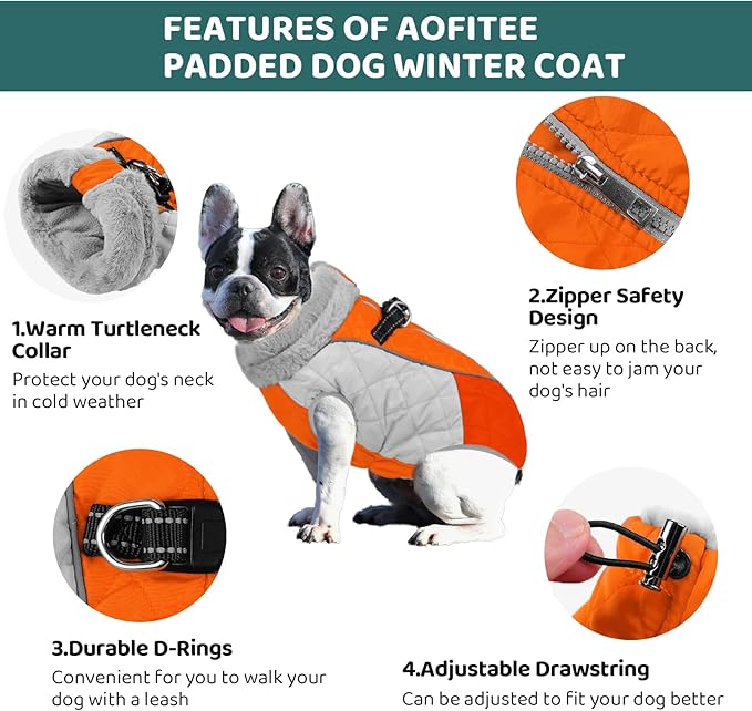 AOFITEE Dog Coat, Warm Dog Jacket, Reflective Dogs Winter Coat with Harness Built in and Fleece Lined, Waterproof Pet Winter Jacket Snowsuit for Small Medium Large Dogs, Orange L