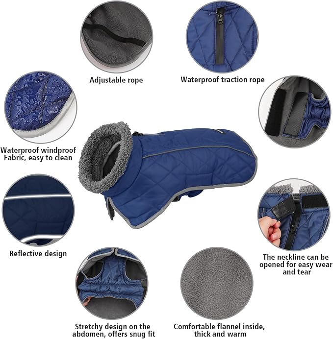 Fragralley Dog Coat Medium, Waterproof Dog Jacket with Warm Fleece Lining, Adjustable Reflective Dogs Winter Coat, Turtleneck Pet Coats for Cold Weather (Blue M)