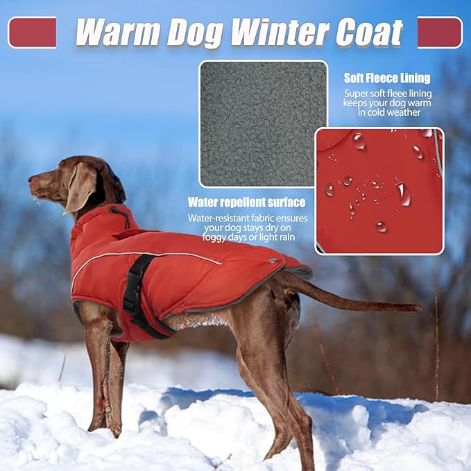 DENTRUN Large Dog Winter Coat - Windproof Reflective Warm Coat, Adjustable Neck & Snap Closure, Water Repellent Thick Fleece Vest, Fleece Lined for for Golden Retriever, Red, XL