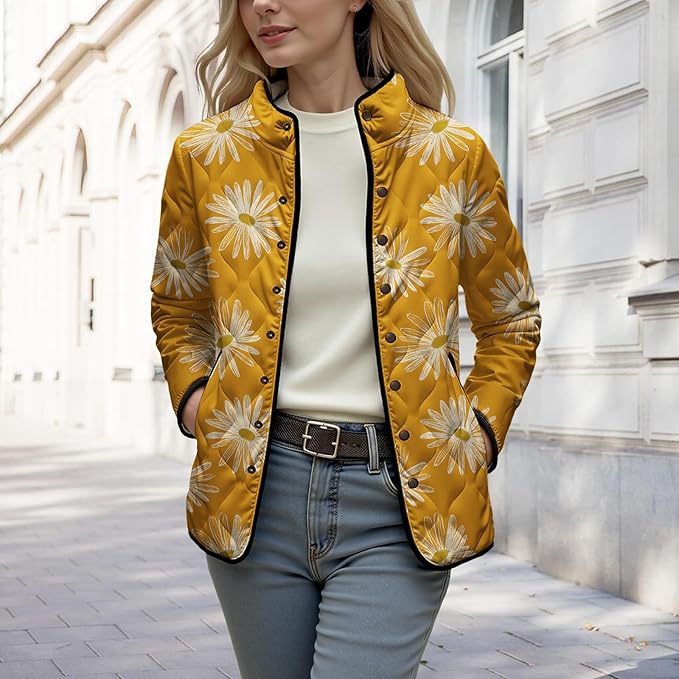LIZALIG Women's Cropped Puffer Jacket Lightweight Floral Print Long Sleeve Padded Quilted Puffy Cardigan Coat