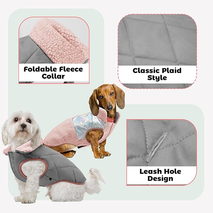 EMUST Warm Dog Jacket, Cozy Dog Fleece Coat with Leash Hole, Waterproof Reversible Winter Coats for Small Dogs, Pink, XS