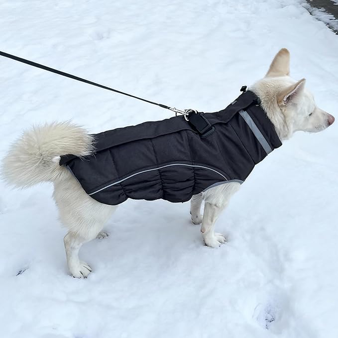 Malier Dog Coat, Reflective Dog Jacket Waterproof Windproof Puppy Cold Weather Coats with Harness Built in, Winter Extra Warm Pet Coat Fleece Vest for Small Large Pets and Puppy (Black, Large)