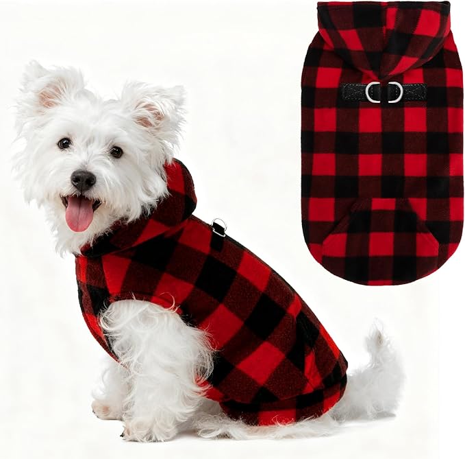 EXPAWLORER Dog Hoodie Fleece Sweater Vest, Plaid Dog Sweatshirt Fall Winter Pet Clothes with Leash Ring, Sleeveless Warm Cozy Puppy Clothing for Cat Small Medium Large Dogs Girl Boy, Checkered S