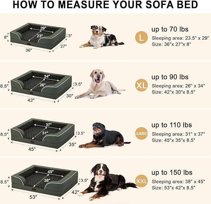 Orthopedic Dog Beds for Extra Large Sized Dogs, Waterproof Memory Foam XL Pet Bed with Sides 42x30Inch, Non-Slip and Egg-Crate Foam Big Dog Couch Bed with Removable Washable Cover, Dark Green