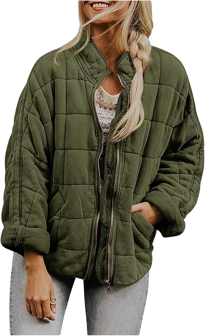 LIZALIG Warm Padded Coat for Women Full Zip Quilted Jackets Winter Oversized Causal Solid Color Stand Collar Pockets Coat