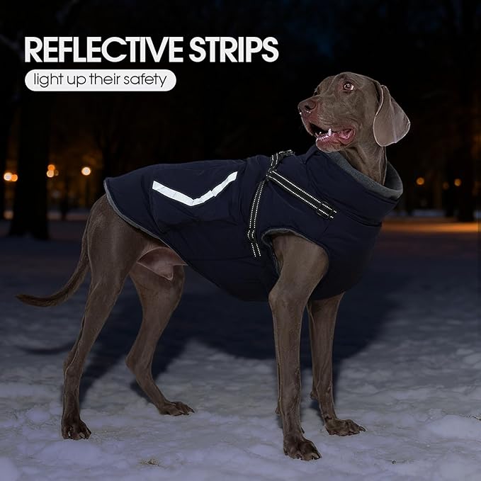FUAMEY Winter Coat for Dogs Fleece Lined, Extra Large Cozy Dog Jacket with Harness, Turtleneck Doggy Warm Clothes Cold Weather Snow Outfits Reflective Strips, Beagle, Corgi (Dark Blue, XL)