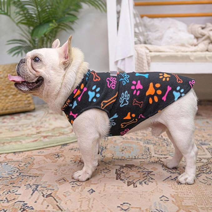 BEAUTYZOO Small Dog Sweater Fleece Vest Winter Jacket, D-Ring Leash Attachment for XS S Puppy Medium Sized Breeds Dogs, Cold Weather Dog Clothes Windproof Keep Warm, Black Bones Paw XS