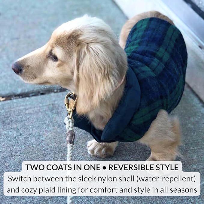 DJANGO Reversible Puffer Dog Coat – Warm Winter Dog Jacket & Water-Repellent Insulated Dog Coat w/Harness Hole, Windproof, Adjustable Fit for Small & Medium Dogs, Dachshunds – Twilight Blue, X-Small