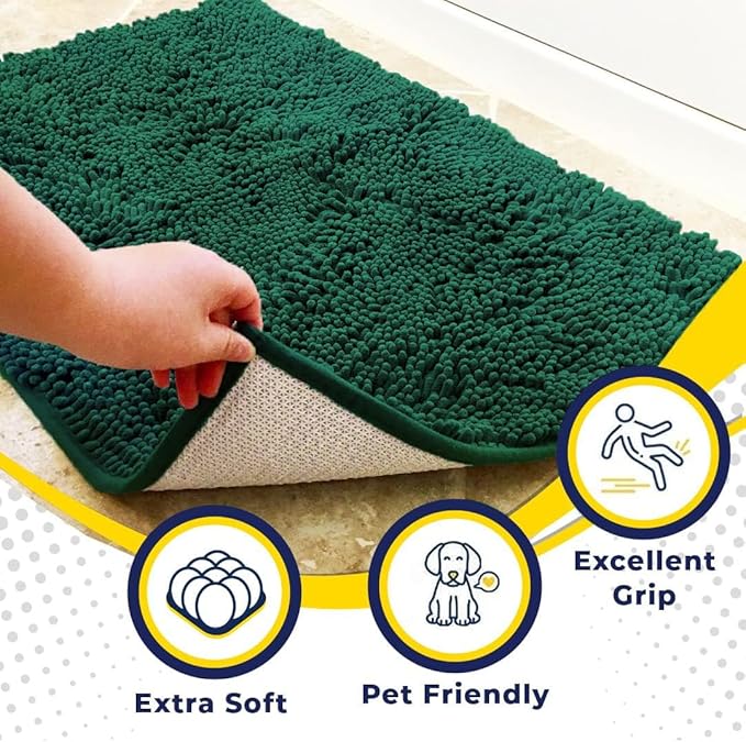 Muddy Mat® AS-SEEN-ON-TV Highly Absorbent Microfiber Dog Door Mat and Pet Rug, Non Slip Thick Washable Area and Bath Mat Soft Chenille for Kitchen Bathroom Bedroom and Indoor - Dark Green XXL 60"X48"